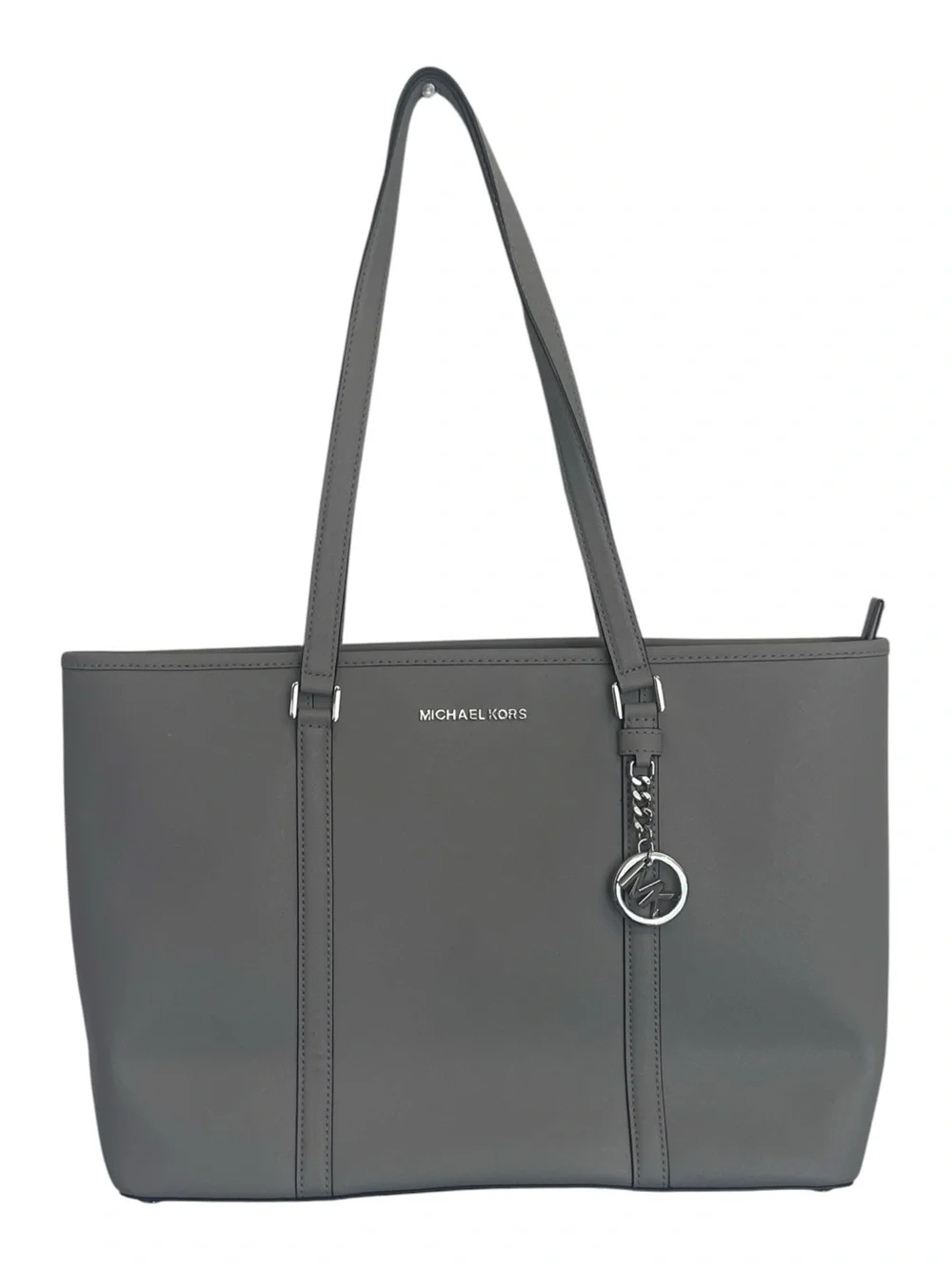 Michael Kors Gray Saffiano Leather Zip Top Tote Shoulder Bag Silver Hardware